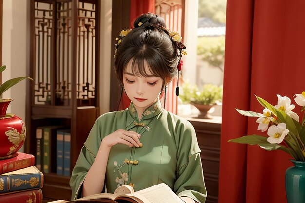 中国の漢服の壁紙イラストを着て研究室で本を読む若い美しい女性