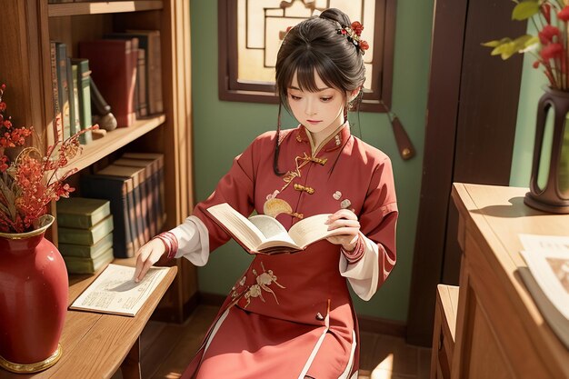 Young beautiful woman reading book in the study room wearing chinese hanfu wallpaper illustration