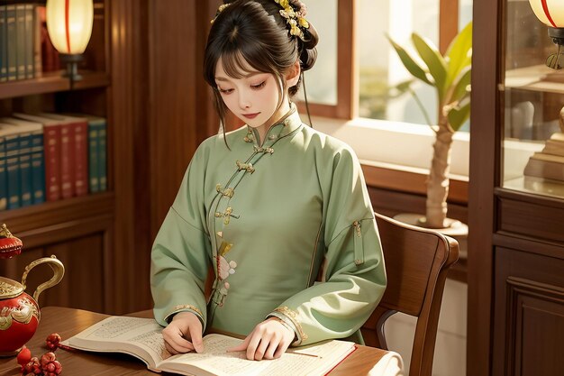 Young beautiful woman reading book in the study room wearing chinese hanfu wallpaper illustration