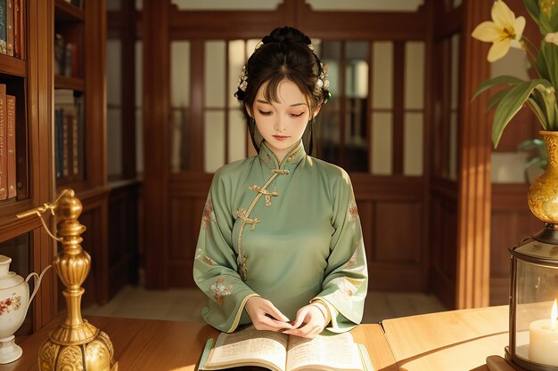 Young beautiful woman reading book in the study room wearing chinese hanfu wallpaper illustration