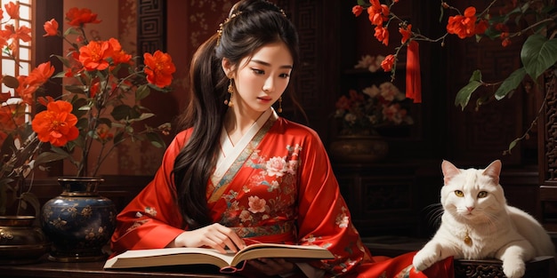 Young beautiful woman reading book in the study room wearing chinese hanfu wallpaper illustration