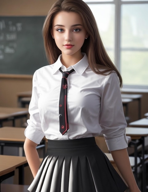 Young beautiful woman in school uniform in the classroom