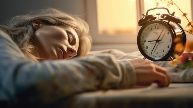 young beautiful woman sleeping in bed with alarm clock next to her