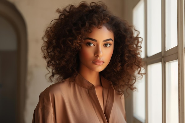 Photo young beautiful woman standing near window