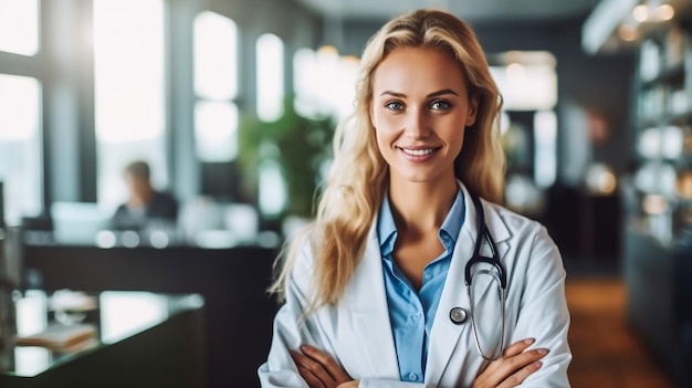 Young beautiful woman standing over white isolated background wearing her doctor uniform and smiling