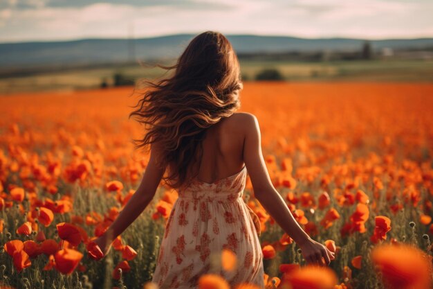 Young beautiful woman in summer dress in poppies field AI Generative