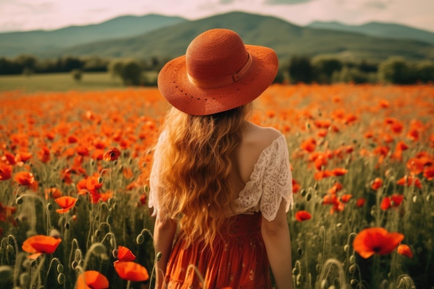 Young beautiful woman in summer dress in poppies field AI Generative