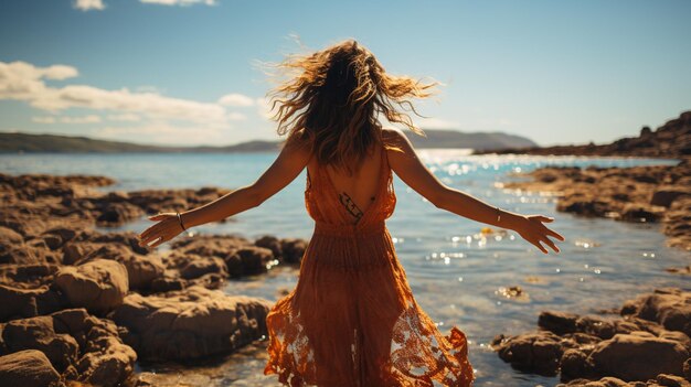 young beautiful woman in sunglasses enjoying free vacation on the beach