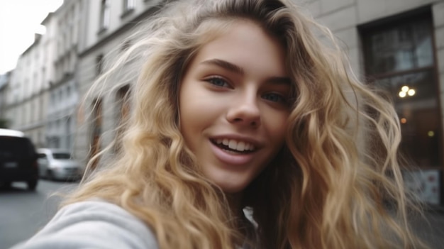 Young beautiful woman taking selfie on front camera Generative AI