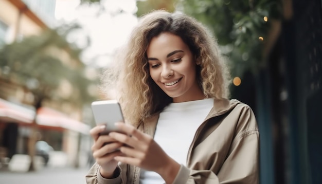 Young beautiful woman using smartphone in a city panoramic