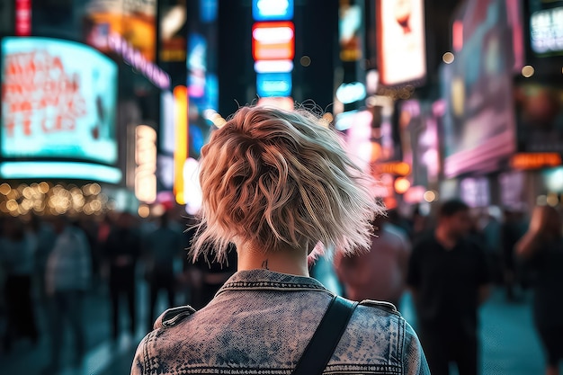 Young beautiful woman walking in Time square Manhattan AI