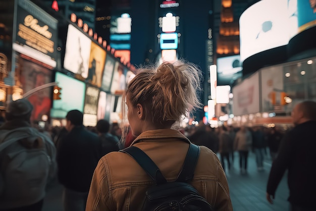 Young beautiful woman walking in Time square Manhattan AI