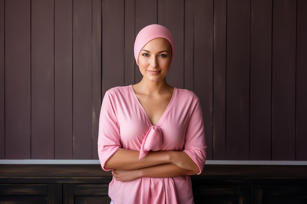 ピンクのヘッドスカーフを身に着けピンクの背景を孤立させて幸せな顔をしている美しい若い女性