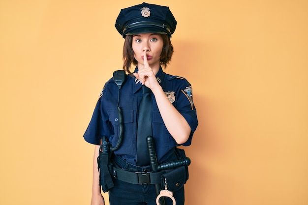 Foto giovane bellissima donna in uniforme di polizia che chiede di stare zitta con il dito sulle labbra silenzio e concetto segreto
