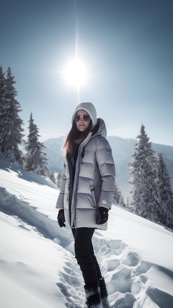 Young beautiful woman wearing white dawn jacket standing on winter mountain landscape background