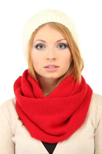 Young beautiful woman wearing winter clothing isolated