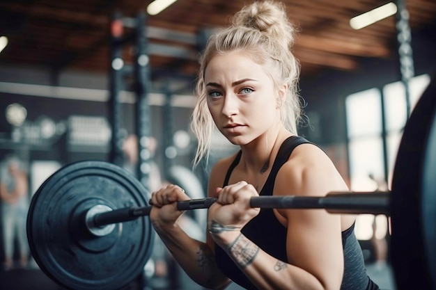 young beautiful woman with an athletic build in gym with barbell doing sports