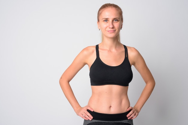 young beautiful woman with blond hair ready for gym