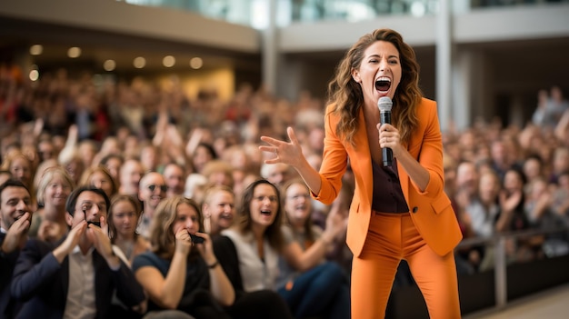 Foto giovane bella donna con i capelli ricci che balla davanti al pubblico