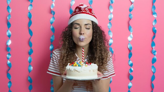 Foto giovane bella donna con i capelli ricci in un berretto di vacanza che tiene una torta di compleanno soffiando un bacio birthda