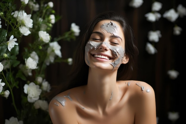 Young beautiful woman with face care mask on flowers background skin care concept