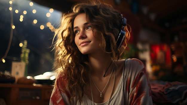 young beautiful woman with long curly wavy hair in a dress in the studio