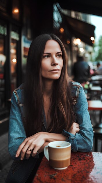 写真 ストリートカフェのテーブルに座ってコーヒーを飲んでいる長い黒いの美しい若い女性