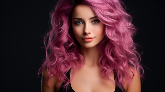 young beautiful woman with long hair and bright pink make up