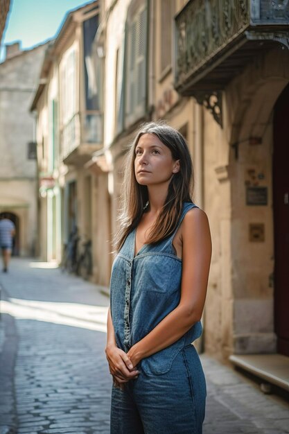 사진 여름 이탈리아 마을 거리에서 서 있는 긴 머리카락을 가진 아름다운 젊은 여성
