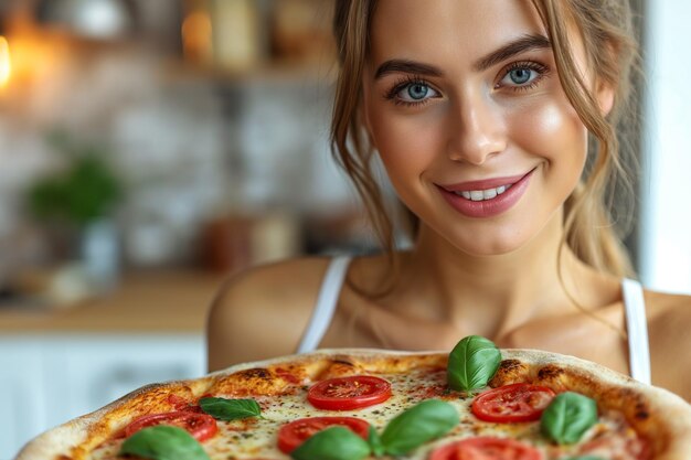 Young beautiful woman with pizza