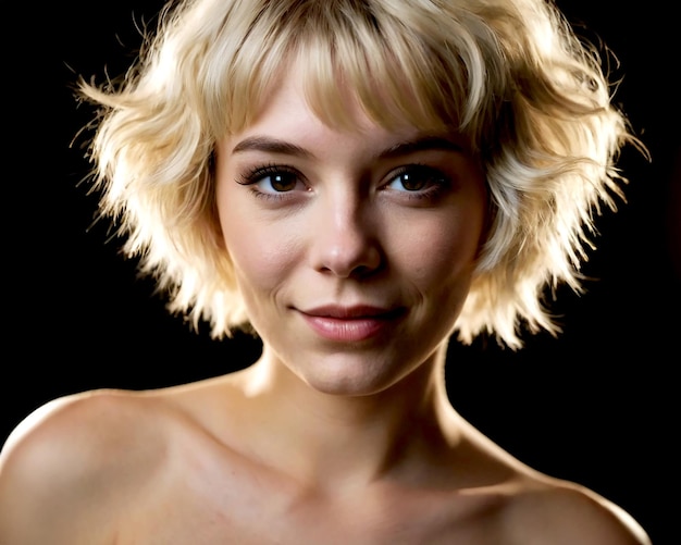 Young beautiful woman with short hairstyle posing on a dark background