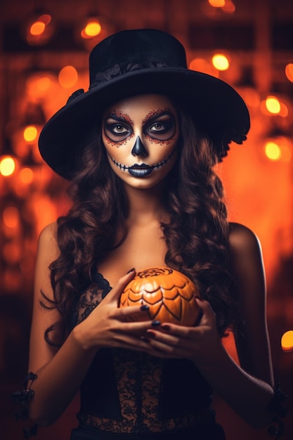 young beautiful woman with spooky makeup in witch halloween costume wear witches