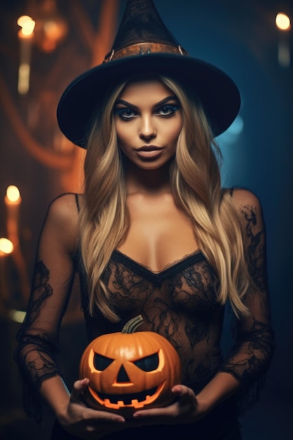 young beautiful woman with spooky makeup in witch halloween costume wear witches