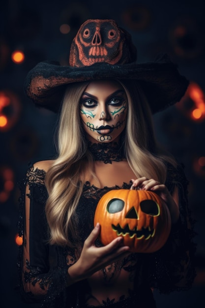 魔女のハロウィーンの衣装で不気味な化粧をした若い美しい女性が魔女を着る