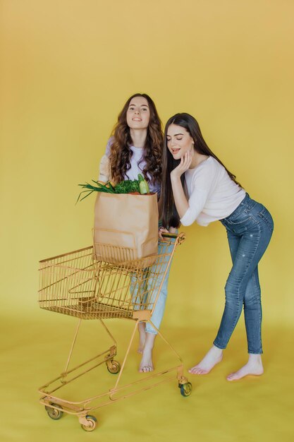 Young beautiful women holding take away paper bag