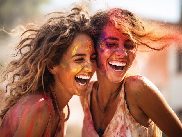 Foto belle giovani donne che giocano a holi colori