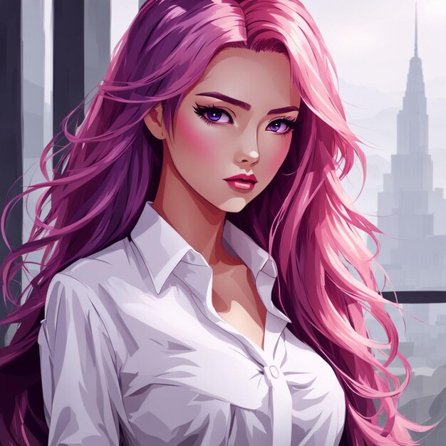 Photo young beautiful women with pink purple long hair white shirts pouty expression