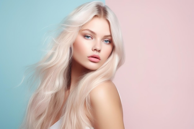 Young beauty blond woman long hair with makeup style on face and perfect clean skin