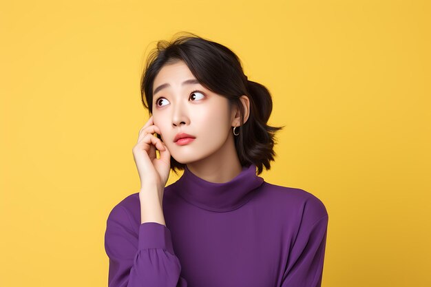 보라색 옷을 입은 젊은 미녀 한국인 여성 혼란스러운 포즈