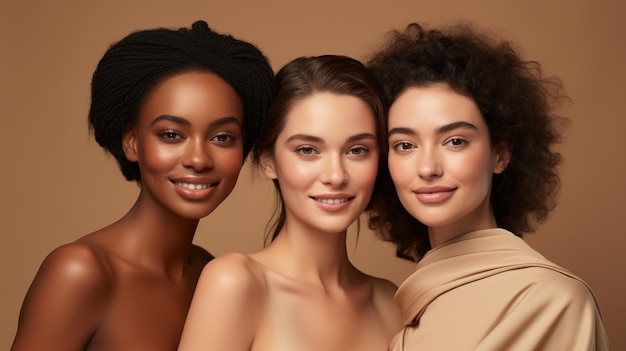 young Beauty Multi Ethnic Group of Woman's with different types of skin together generated by AI