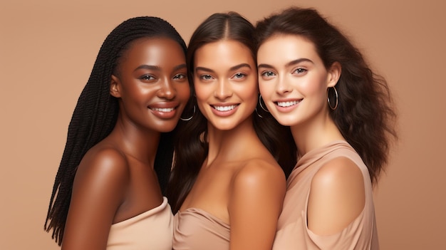 young Beauty Multi Ethnic Group of Woman's with different types of skin together generated by AI