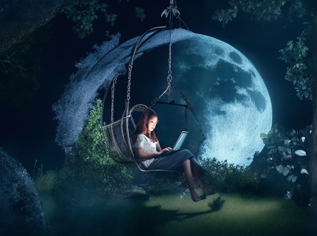 A young beauty woman in a garden swing chair her laptop illuminated by the soft light of the moon