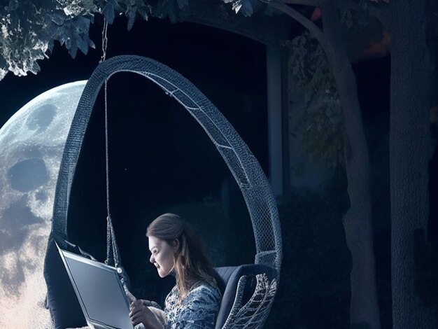 정원 그네 의자에 앉아 있는 젊은 미녀가 달의 부드러운 빛으로 노트북을 비췄습니다.
