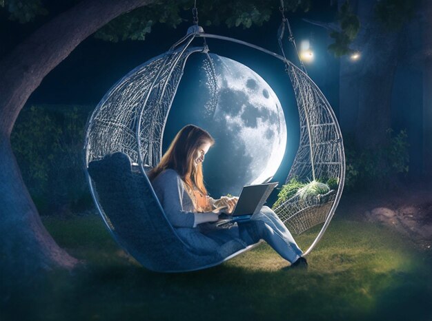 庭のブランコ椅子に座る若い美しい女性。ノートパソコンが月の柔らかな光に照らされている