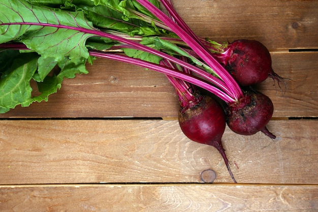 Young beets on wooden table