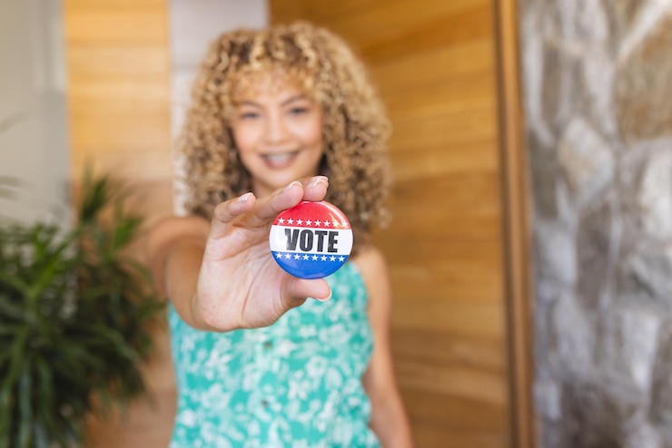 फोटो young biracial woman holding a 39vote39 badge with copy space