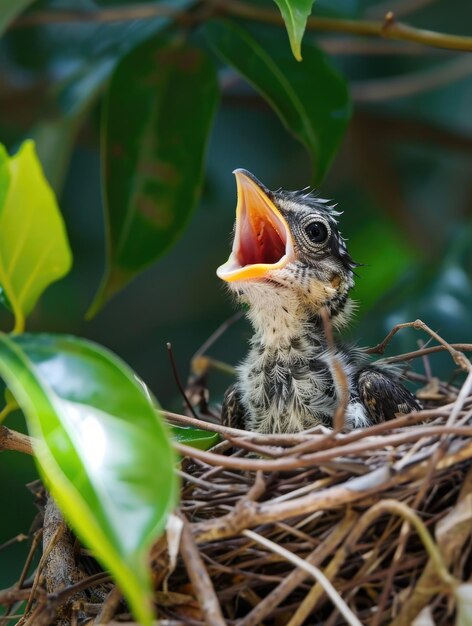 Young bird in nest with open mouth waiting to be fed