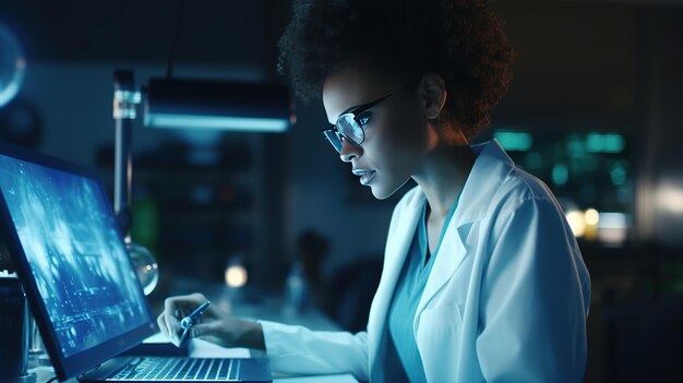 Foto giovane dottore nero che lavora in laboratorio