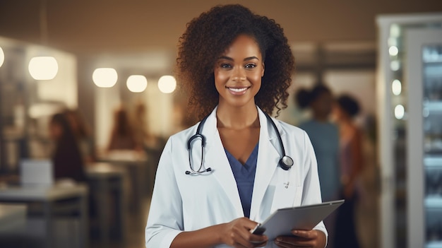 Young black female doctor in white medical scrub holding tablet folder in hand