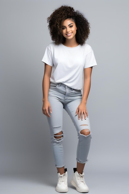 Young Black Female Model in Relaxed TShirt and Gray Jeans